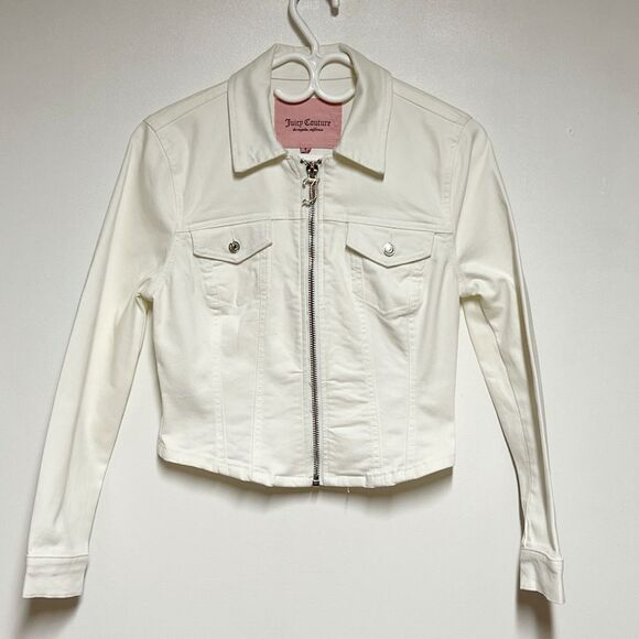 New Juicy Couture white Denim Zip Rhinestone Jacket Sz Womens Sz S - Picture 1 of 4